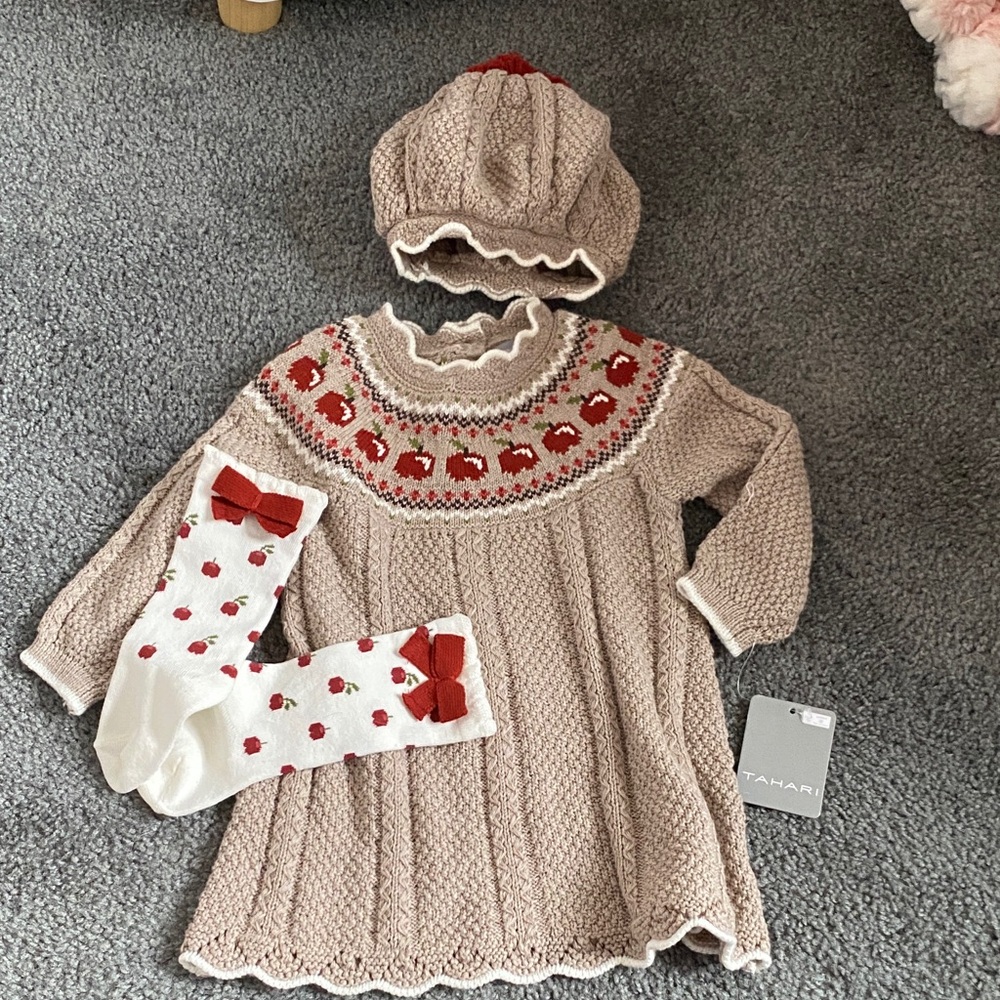 Tahari Beige Knit Baby Dress Set with Red Accents